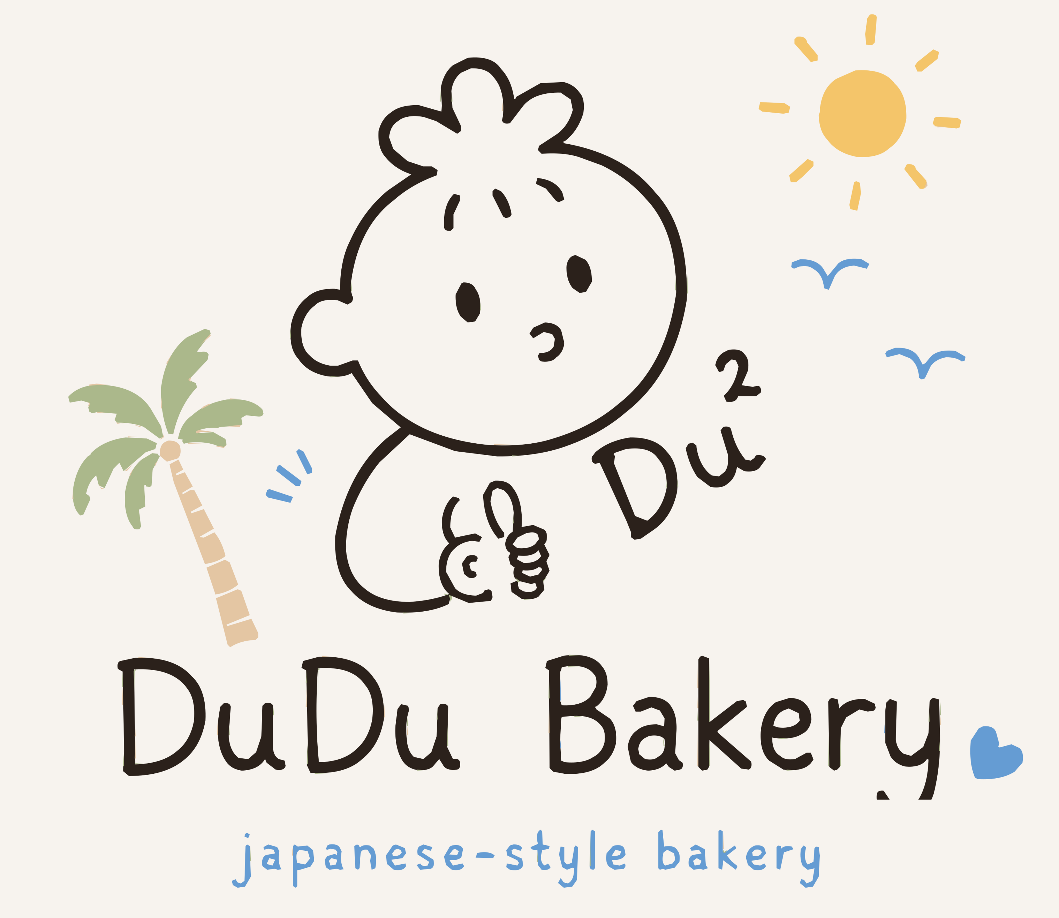 DuDu Bakery mascot with palm tree, sun and seaside birds